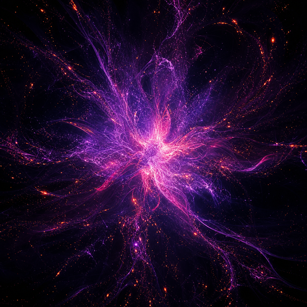 Chromatic Bloom — violet and magenta light blooming through black with fine particle filaments.