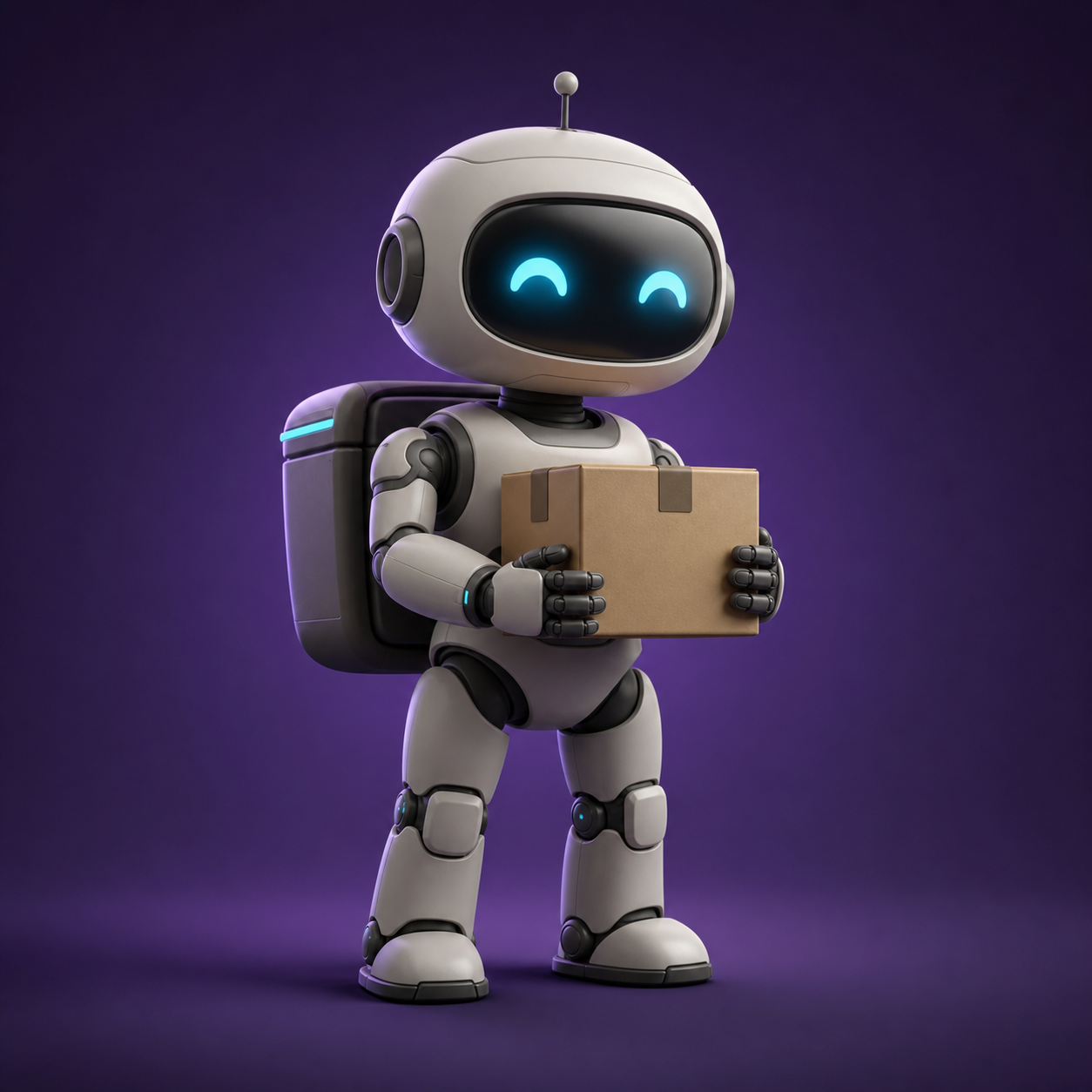 Courier — a friendly stylized courier robot with a glowing cyan visor on a dark violet backdrop.