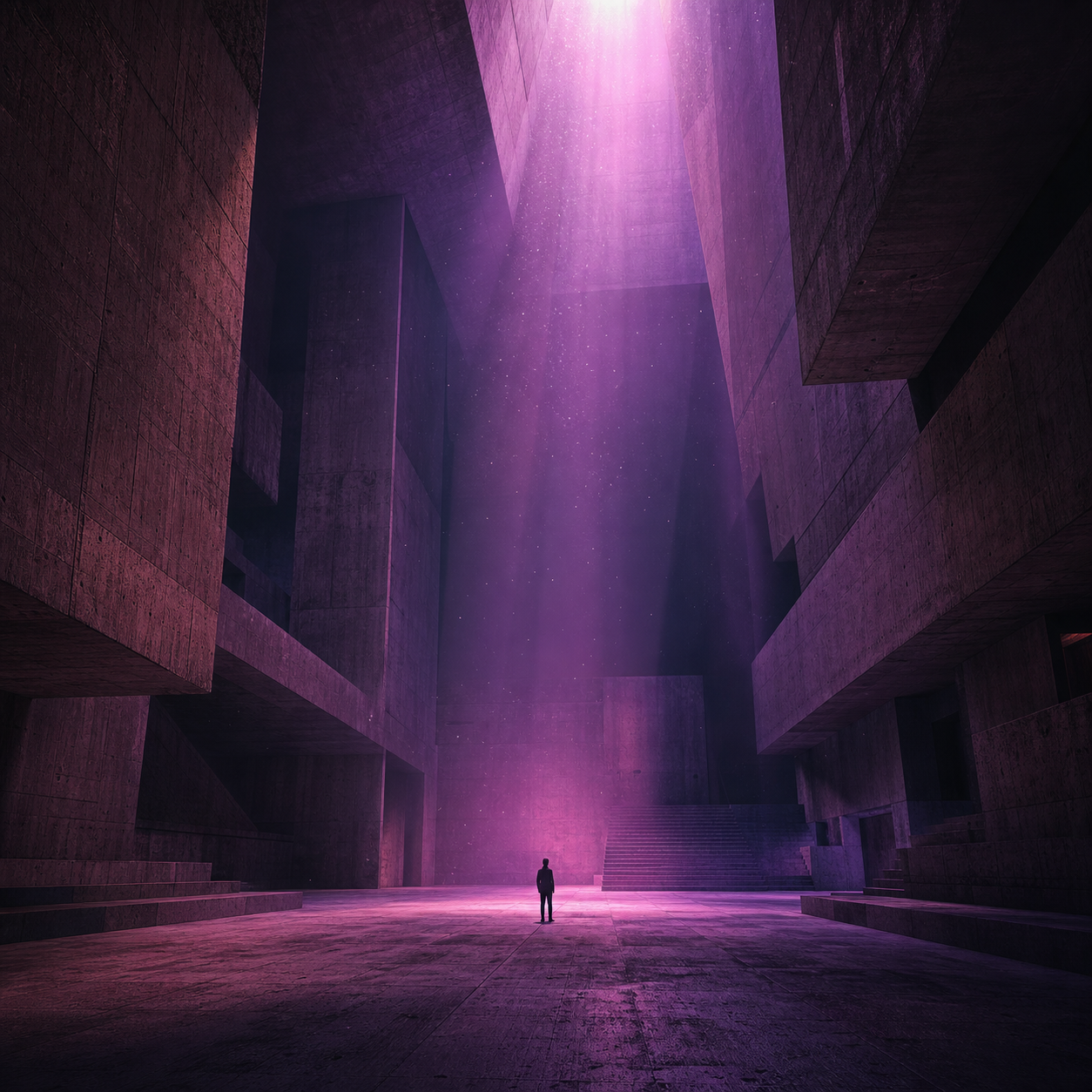 Neon Atrium — a brutalist concrete atrium lit by violet volumetric beams with a lone figure for scale.